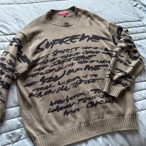 Supreme Tan and Black Crewneck Sweater with Graffiti Text